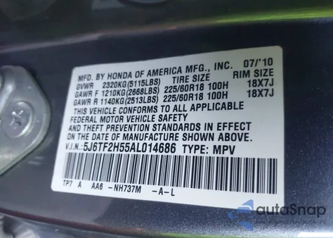 2010 Honda Accord Crosstour Ex-L from USA, damaged, VIN 5J6TF2H55AL014686
